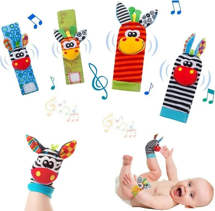 Hochets Pour Bébé Jouet Poignet Et Chaussettes, 4 Pièces Hochet Jouets, Hochet Main Et Pied Pour Bebe, Souple Poignet De Bel[u524]-0