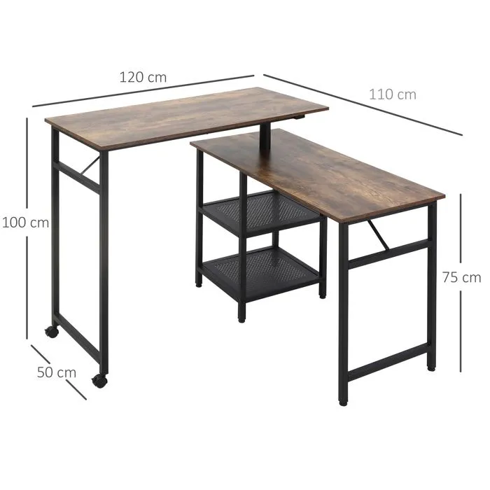Bureau informatique - HOMCOM - Design industriel modulable - 2 étagères - Aspect vieux bois métal noir-3