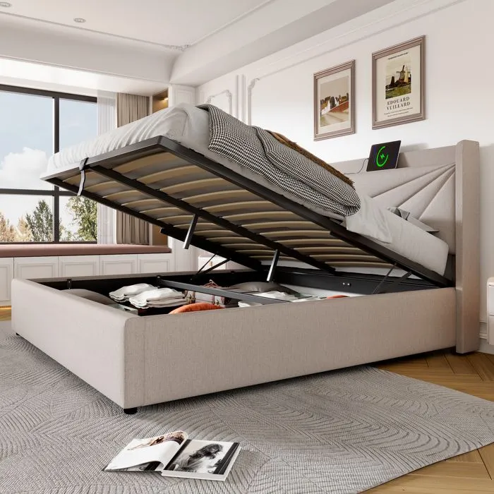 ModernLuxe Lit coffre 140x200cm - lit adulte avec port USB + sommier à lattes + tissu en lin - beige-1