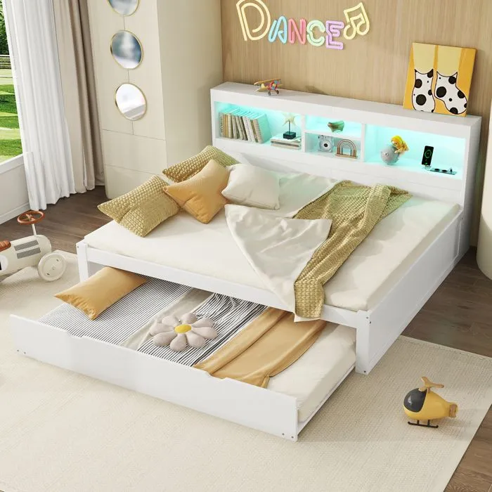 Lit gigogne - Blanc - 140x200cm + 90x190cm - LED, USB, rangement - sans matelas-0