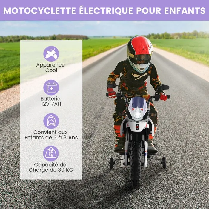 APRILIA Moto Électrique Enfant, Moto-cross (RX125) 12V 7AH, 2 Moteur - 5,5 à 6 km/h, Phares Klaxon, Musiques, USB, 3 à 8 Ans, Blanc-1