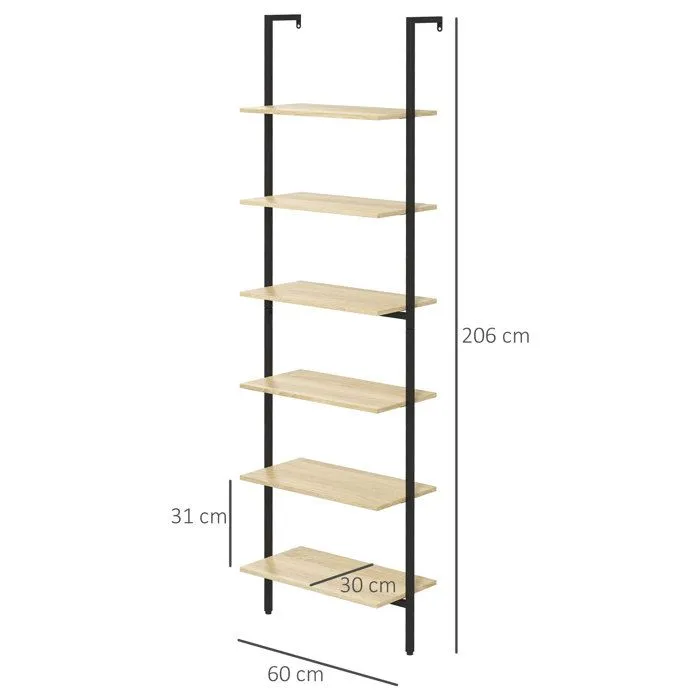 Étagère échelle bibliothèque style industriel H206 cm 6 étagères acier noir panneaux aspect bois clair-3