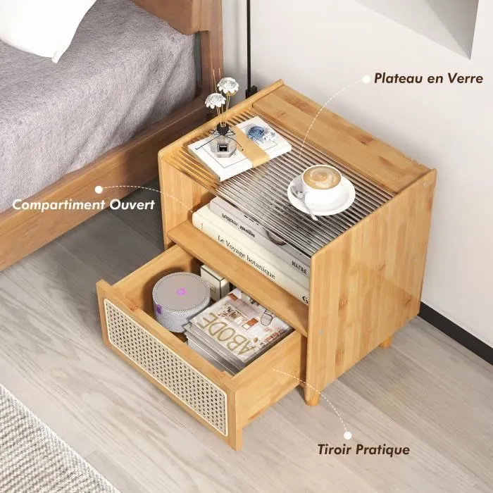 COSTWAY Table de Chevet en Bambou avec Tiroir, Plateau en Verre, Design Cannage, 4 Pieds en Bois Massif, 43 x 35 x 50 cm, Naturel-3