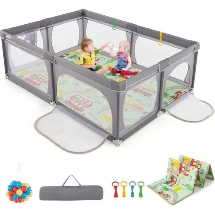 COSTWAY Parc Bébé avec Tapis Pliable en XPE sans BPA Tissu Oxford 206×147×68,5cm 2 Compartiments 50 Balles Océaniques Sac Gris Foncé-0