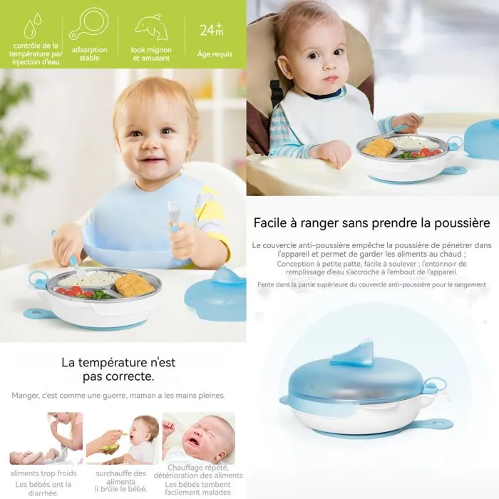 TD® Assiette chauffante bebe antidérapante eau chaude silicone 6 mois et plus enfant apprentissage alimentation bol compartiments-3