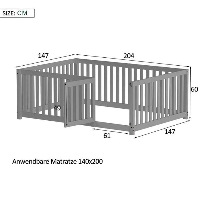 Lit évolutif bébé Lit d'enfant 140 x 200, fond en bois Cadre de lit avec barrière et porte, Gris-3