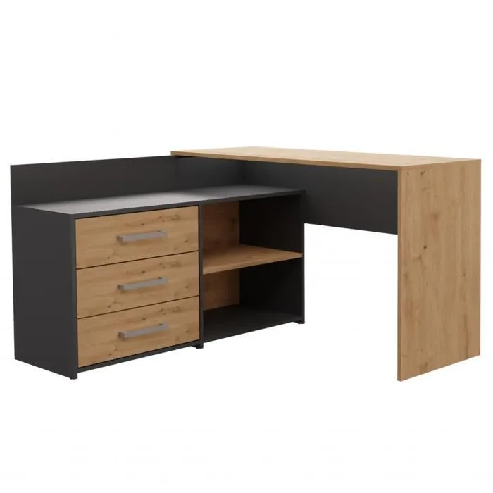 MOLINE - Bureau d'angle avec rangement - 3 tiroirs + 2 etagères - 120x50x76 cm - Bureau d'ordinateur-0
