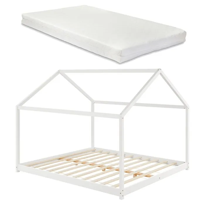 Lit cabane pour enfant Cerro avec sommier à lattes matelas 200 x 160 cm pin blanc mat laqué [en.casa]-1
