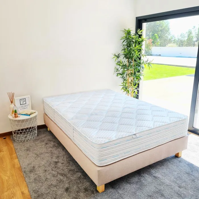 Ensemble Matelas 140x200 cm, Thermotec, 24 cm, mémoire de forme, ferme, face été/hiver + sommier beige ep20cm-0