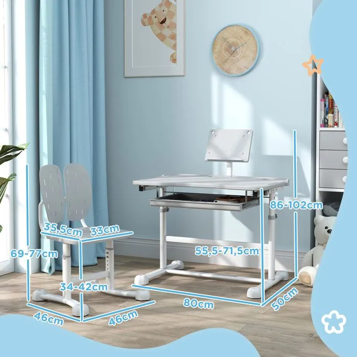 Bureau enfant avec chaise - AIYAPLAY - réglable en hauteur, plateau incliné 45°, tiroir et support de livre, gris-3