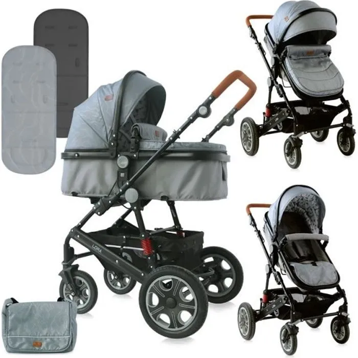 LORELLI Lora - Poussette combinée 2en1 avec couvre jambes et nacelle - Jusqu'à 15Kg - Pliable - Gris/Noir-0