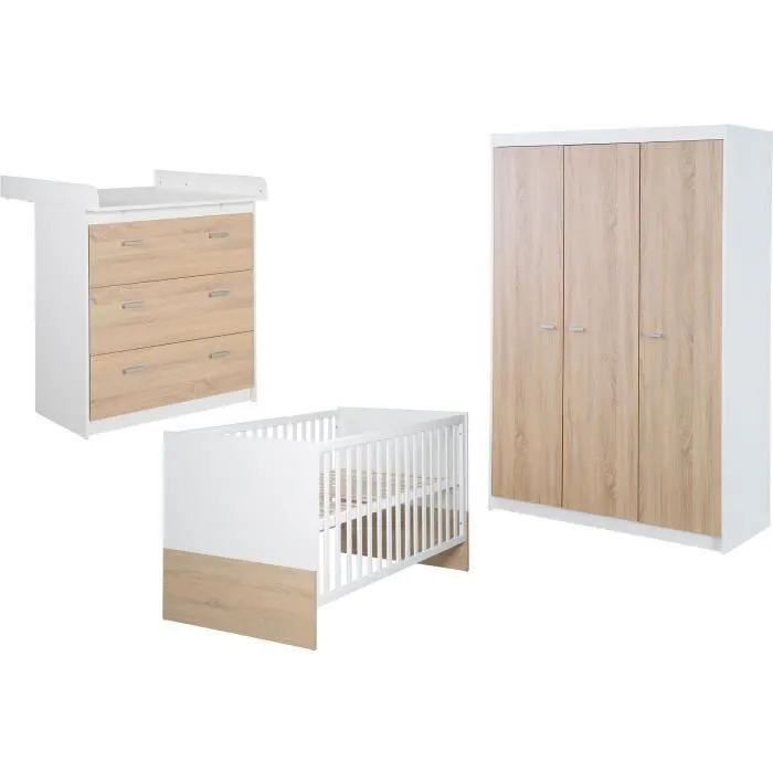 Chambre bébé complète - Lit évolutif 70 X 140 cm + Commode à langer + Armoire 3 portes - ROBA - Bicolore blanc / décor chêne clair-1