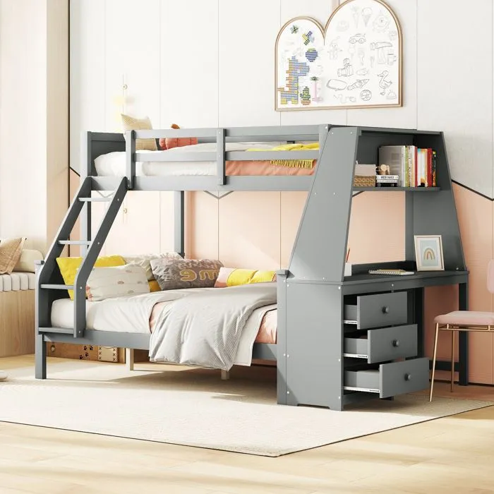 MODERNLUXE Lit superposé 90x200cm+140x200cm, lit enfant, avec table, grand rangement, garde-corps hauts, gris-1