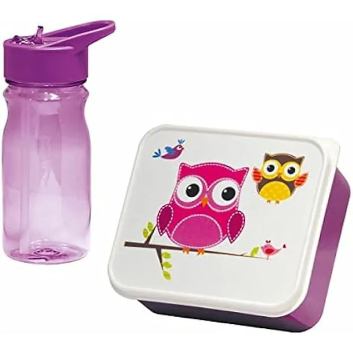 Ensemble boîte à lunch et bidon Hibou Rose - Mondex - Rectangulaire - Pour enfant - Compatible lave-vaisselle-0