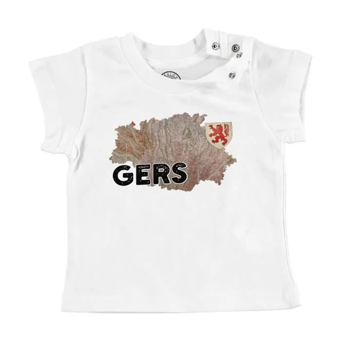 T-shirt Bébé Manche Courte Blanc Gers 32 Département Auch Carte Ancienne Occitanie-0