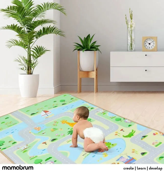 Mamabrum Tapis d'éveil Bébé 2 Faces 120x180X0,5 cm- Mousse- Pliable- Imperméable- Antidérapant- Portable- Motif Forêt et ville-2