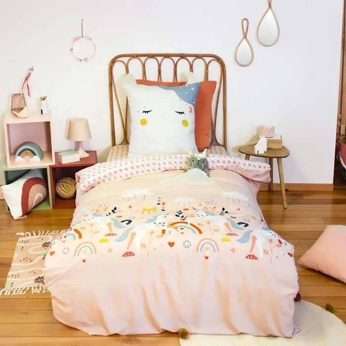 Parure de lit imprimée 140x200 cm Enfant - Housse de Couette + 1 Taie d'oreiller Motif Licorne cœur avec Poche Doudou –Microfibre-0