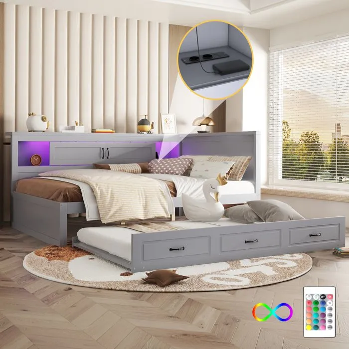 Lit gigogne 140x200cm+90x190cm - lit méridienne avec sommier à lattes, espace de rangement, LED et port USB - Bois Gris-2