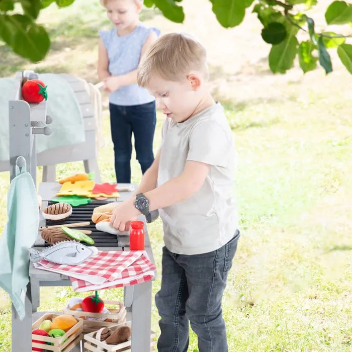 Cuisine d'Extérieur pour Enfants BBQ en Bois Massif - ROBA - Gris - Résistante aux Intempéries-5