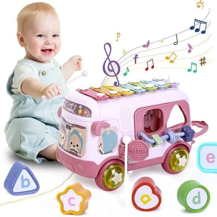 Jouet Musical Bébé,jouet de Bus avec xylophone, Cadeau éducatifs Interactifs pour Petite Enfance,Jouets d'activité Bébé Rampant-Rose-0