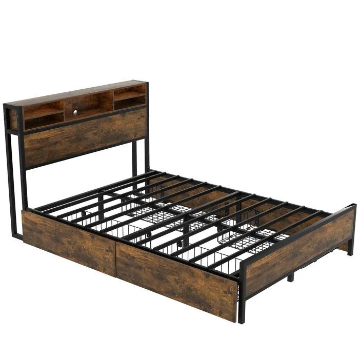 Lit double 140x200 cm, cadre de lit adulte avec 4 tiroirs et étagères, LED et USB, structure en métal, style industriel, marron-2