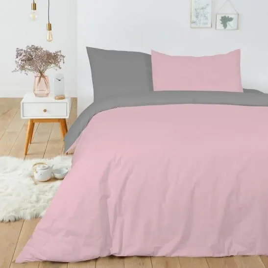 Pack complet 4 pièces Rose/Gris réversible housse de couette pour lit 90 x 190 cm-0