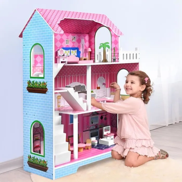 UISEBRT 3 étages Maison de poupée en bois Barbie, Grande villa de poupée avec meubles et accessoires(70 x 36 x 100 cm)-2