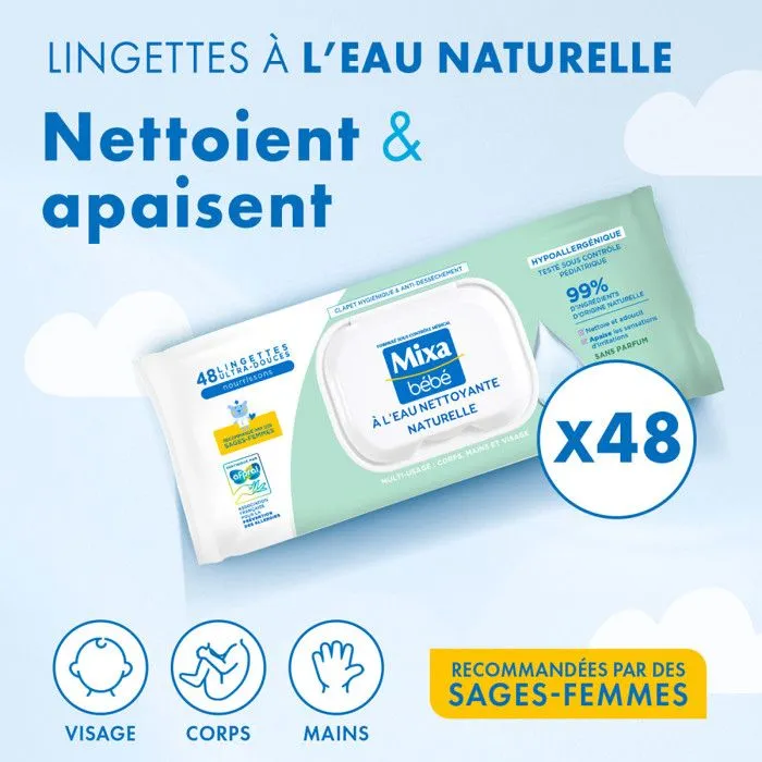 Lot de 18 - MIXA BÉBÉ LINGETTES NETTOYANTES A L'EAU NATURELLE x48-5