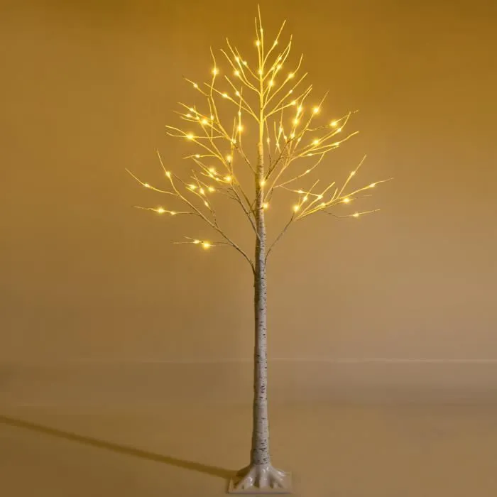 COSTWAY Arbre Artificiel 150cm Bouleau Blanc Chaud Flexible 72 Lumineux LED Intérieur Base Plastique Décoration de Noël PVC Inodore-0