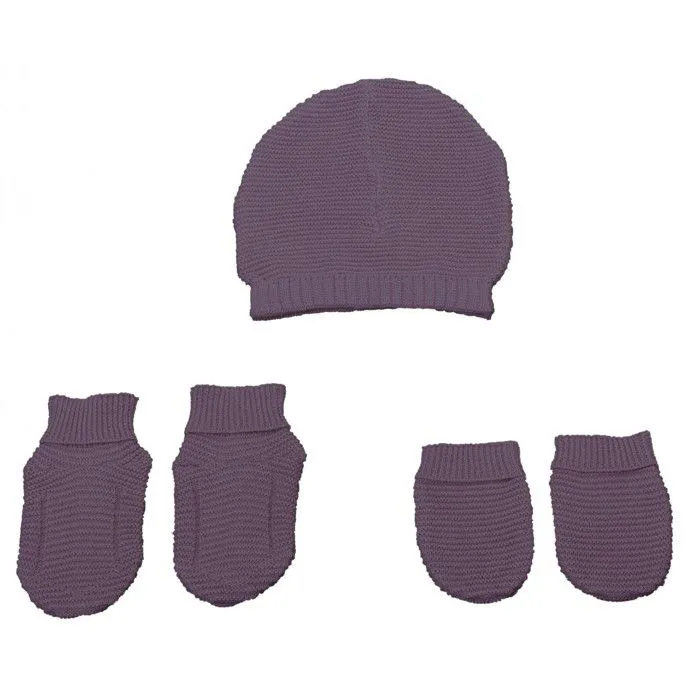 Set bonnet + chaussons + moufles 0-3 mois tricot Coton bio Rose - Éveil et Nature-0