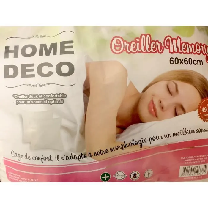 2 OREILLERS BLANC 60x60 cm MEMOIRE DE FORME DEHOUSSABLE ET LAVABLE-1