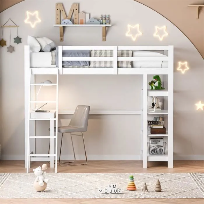 Lit mezzanine 90x200cm - lit enfant avec sommier à lattes, bureau, étagères de rangement, échelle inclinée - Blanc-1