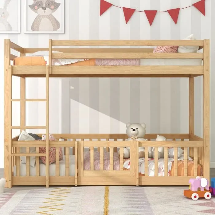 Lit superposé enfant 200 x 90 cm avec escalier, Lit enfant avec barrières et porte en bois massif, Chêne-1