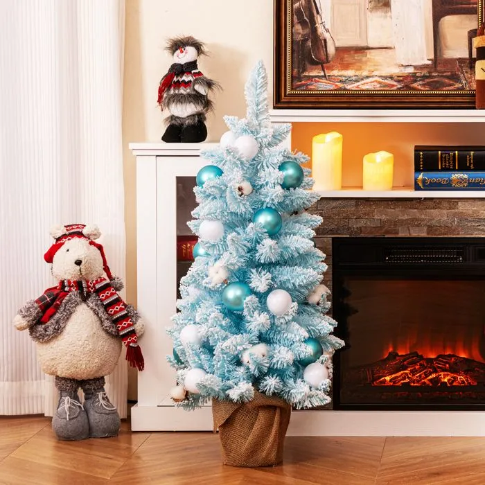 COSTWAY Mini Sapin de Noël Artificiel Pré-décoré 90 cm, 12 Boules de Coton Naturel, 24 Boules Décoratives, Base en Ciment, Bleu-0