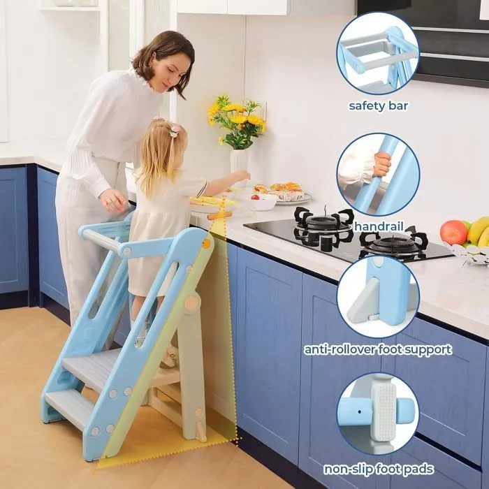 Tour d'observation Montessori Enfant, Marchepied pour Enfants réglable en Hauteur de 2 à 3 marches, Pliable, Sécurité, Bleu-3