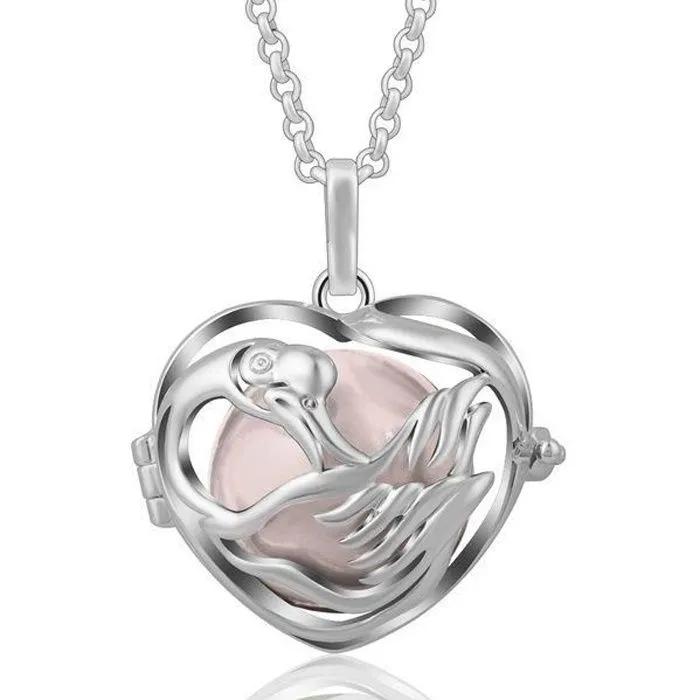 Bola de grossesse coeur cygne à grelot rose * Longueur collier : 114 cm * Matière pendentif : Cuivre, plaqué argent * Diamètre de-0