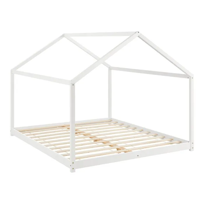 Lit cabane pour enfant Cerro avec sommier à lattes matelas 200 x 160 cm pin blanc mat laqué [en.casa]-3