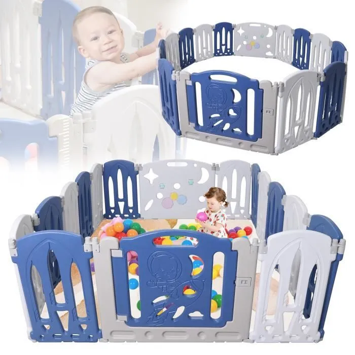 LILIIN Parc pour Bébé Pliable avec Porte et Planche à Jouets, 14 Panneaux + 2 Accessoires, Design Bleu et Blanc-0