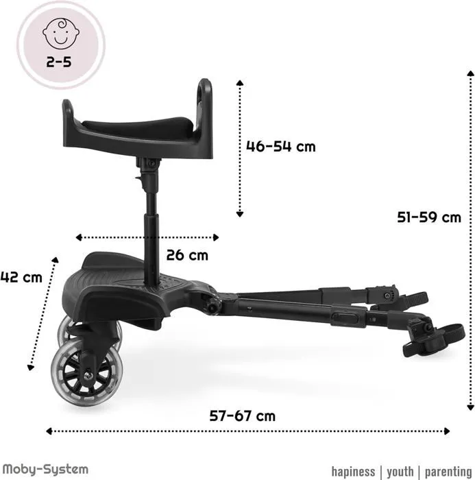 Moby Système Planche à Roulette Poussette Universelle- Siège réglable- Roues rembourrées à 360°- 2 à 5 ans- BUGGY- Siège d'appoint-3