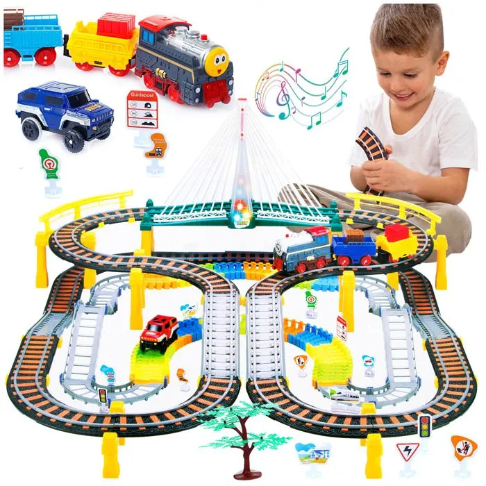 Train électrique avec circuit automobile - Kinderplay - KP0635 - 192 éléments - 89x69 cm - À partir de 3 ans-0