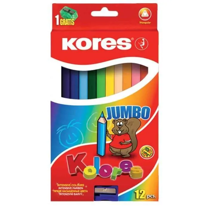 Crayons de couleur - Kores - JUMBO - Étui de 12 - Mine incassable - Forme triangulaire-0