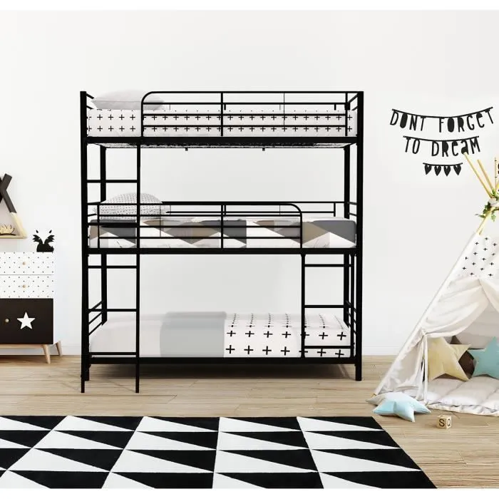 Lits superposés en métal - Noir - Sommiers inclus - 3x90x190 cm - TRIO-1