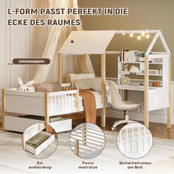 Lit cabane - DREAMMESPACE - 90x200 cm - Bois massif - Bureau intégré - 1 tiroir de rangement-2