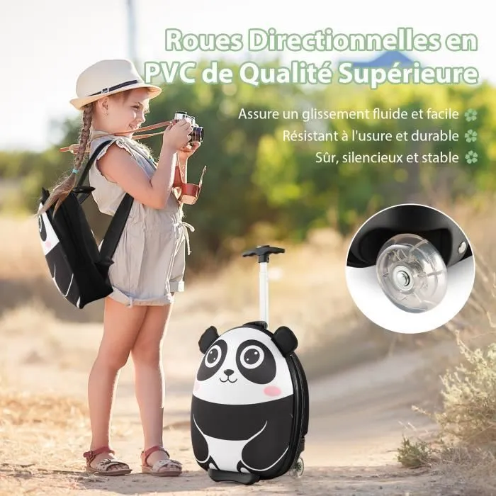 COSTWAY Valise Enfant à Roulettes 16’’ + Sac à Dos 12’’, Ensemble de Bagage Enfants avec Motif Panda, Voyages en Avion, Blanc-2