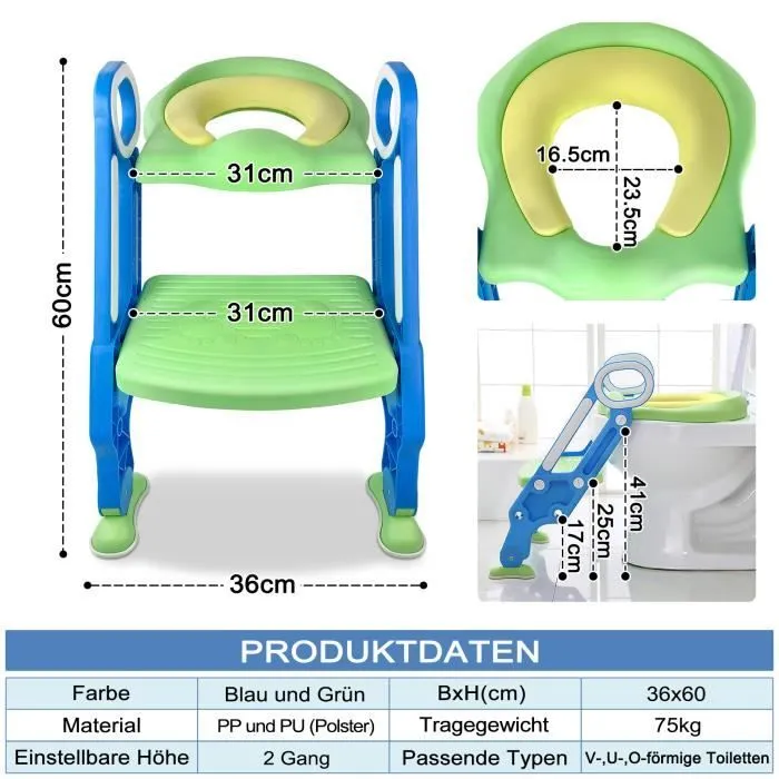 XMTECH de Formation de Toilette Réducteur de WC Enfant Pliante Siège pour Enfants avec Échelle Marche et Poignée Bleu Vert-1