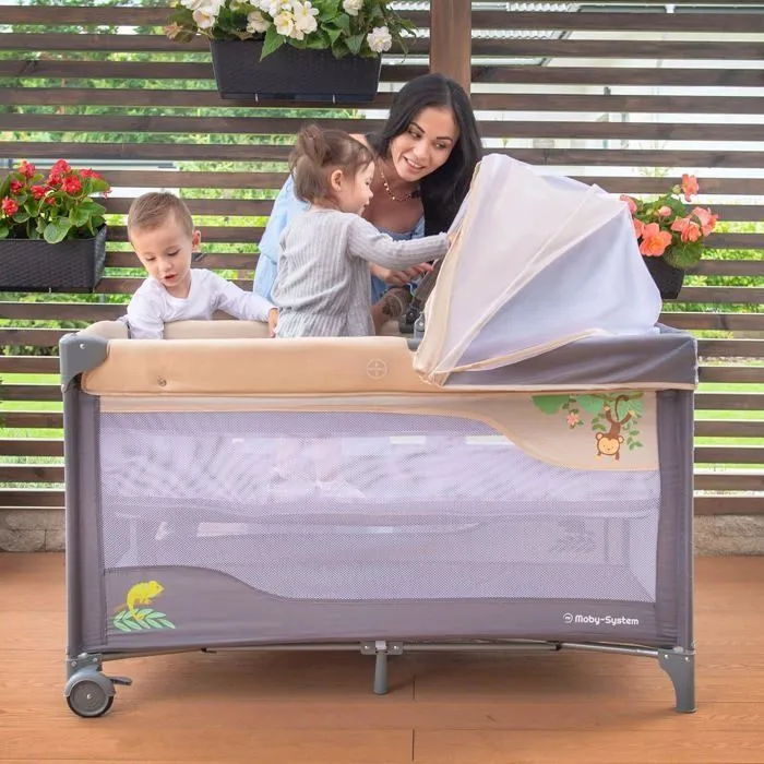 Moby-System Lit Parapluie Pliable & Parc Bébé 2EN1 | 2 Niveaux Matelas Haut Bas Jusqu'à 25 kg| Moustiquaire Sac Transport| CE-1
