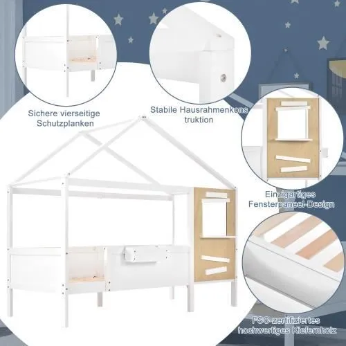Lit enfant cabane avec fenêtre, avec petit coffre en bois, cadre en pin, panneau de protection en MDF, blanc (200x90cm)-2