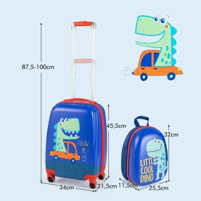 Valise Cabine Enfant 18”+ Sac à Dos 12,5” - COSTWAY - Dinosaure - Poignée Rétractable - Étanche-3