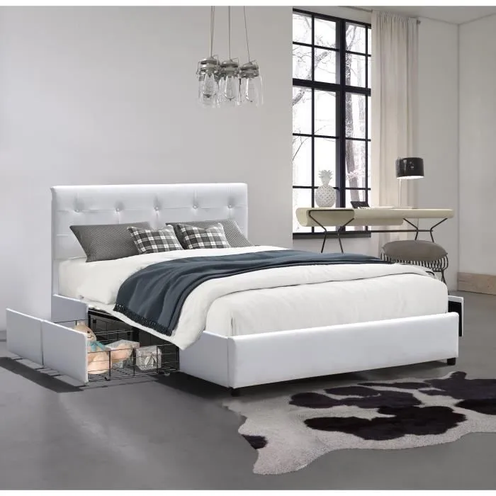 chloe - Solide et Confortable Lit 140x190 avec Sommier avec 4 tiroirs Tete de lit Couleur BLANC Pieds en 4 cm-2