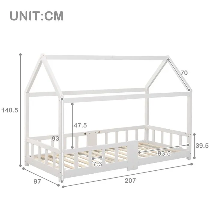 Lit cabane enfant 90x200 cm avec grille de protection + un tableau noir, en bois massif blanc-5